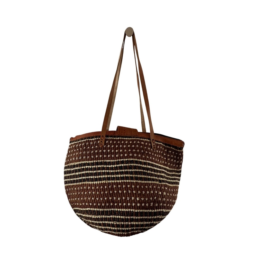 Handmade Woven Sisal Leather Tote Bag Brown Striped Boho Kiondo Shoulder Bag - Picture 2 of 8